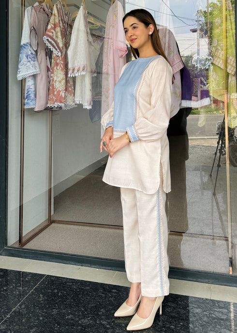 Beige Blue Harmony Co Ord Set